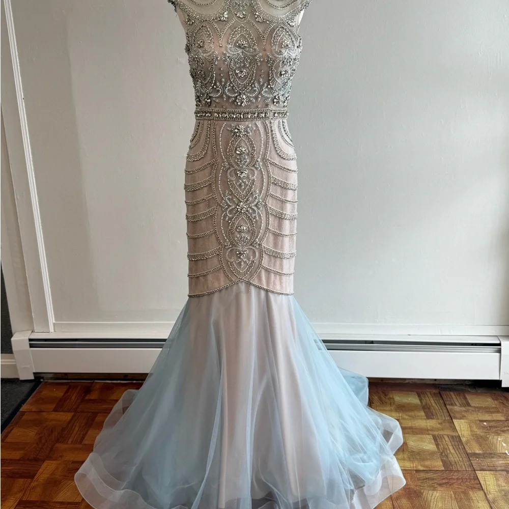 Terani Couture Beaded Illusion Bodice Mermaid Gown - Light Blue and Champagne - Picture 1 of 5